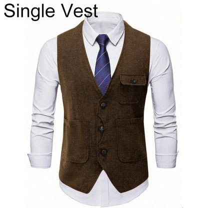 Suit Vest Man Vintage Single-breasted Pocket Male Waistcoat Slim V-neck Sleeveless Business Casual Versatile Men Vest