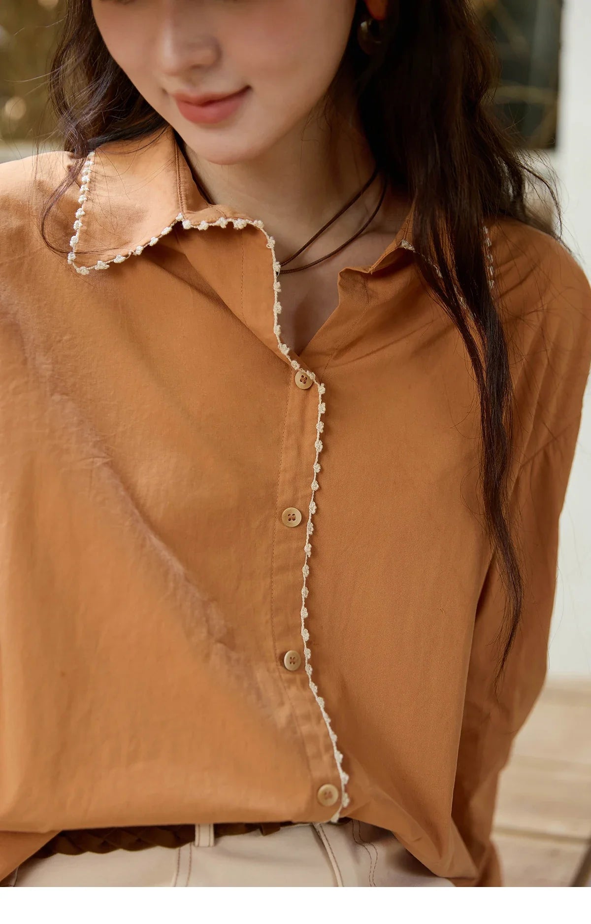 Women's 100% Cotton Shirt 2025 Autumn Korean Lapel V-neck Single Breasted Tops Lace Trim Shirts Office Lady MXE43C2377