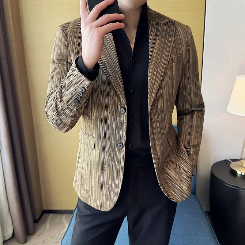 Fashion Meteor Line Checkered Elegant Suit Jacket Men Fashion De Luxe Business Slim Fit Single Breasted Social Party Dress Coats