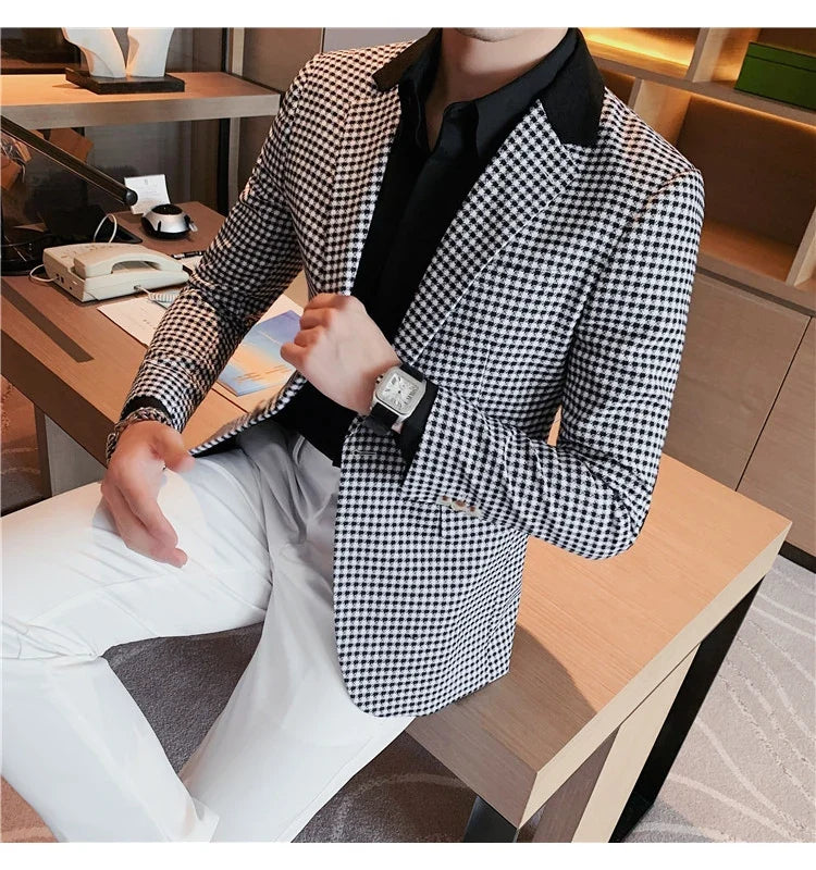 2024 Autumn Winter Korean  Houndstooth Blazer Jackets Fashion Color Matching Lapel Design Casual Men's Plaid Suit Coat Tuxedo