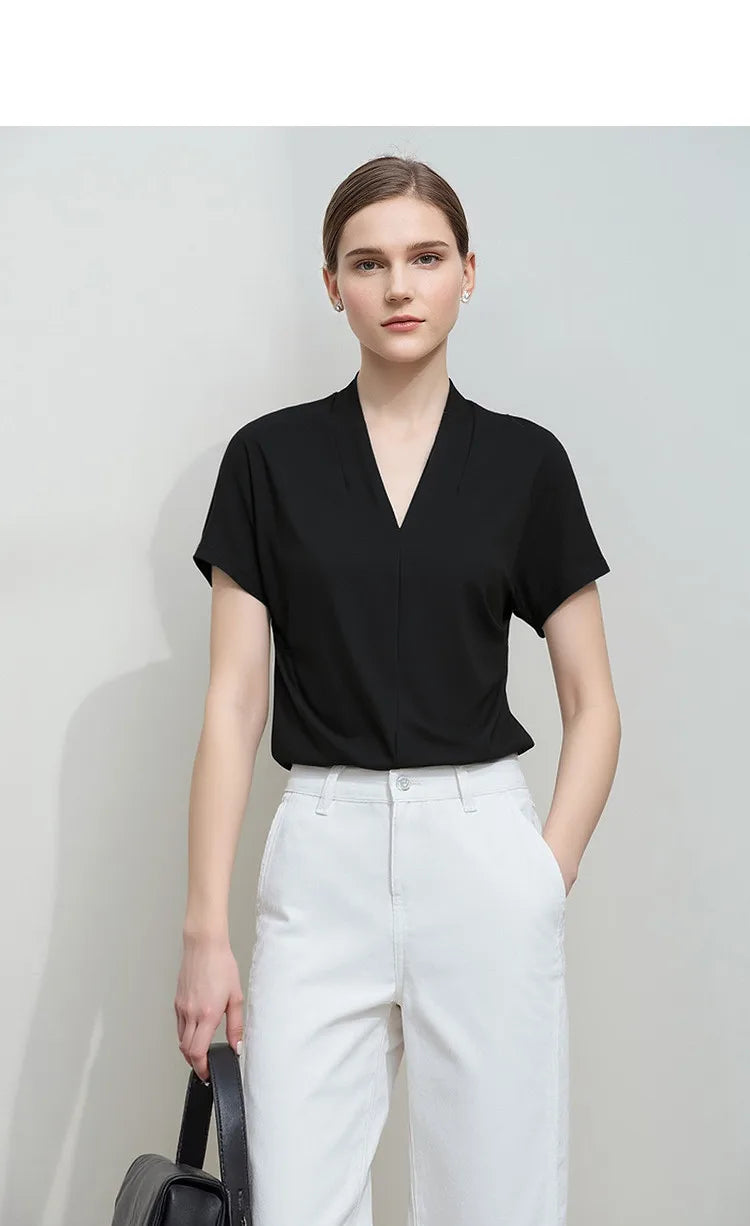 Minimalism 2026 Summer Women's T-shirt Classic Style Casual V-neck Short Sleeve Solid Stretch Female Tops & Tees 12312013