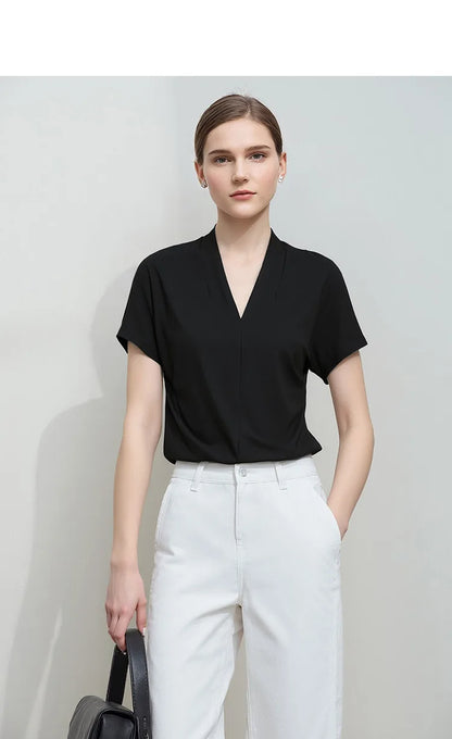 Minimalism 2026 Summer Women's T-shirt Classic Style Casual V-neck Short Sleeve Solid Stretch Female Tops & Tees 12312013