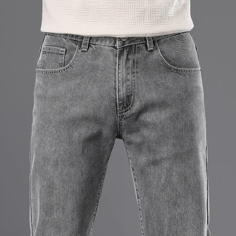 Classic Men Vintage Cloth High Waist Trousers 2024 Autumn Loose Straight Stretch Wash Jeans High Quality Sky Blue Brand Pants