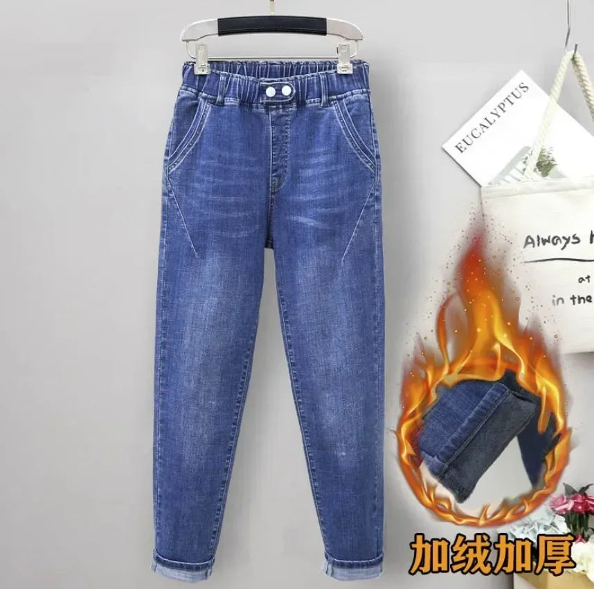 Large Size Baggy Jeans Woman High Waist Loose Harem Pants Elastic Cotton Denim Pants Women Denim Jeans Mom Ripped Jeans