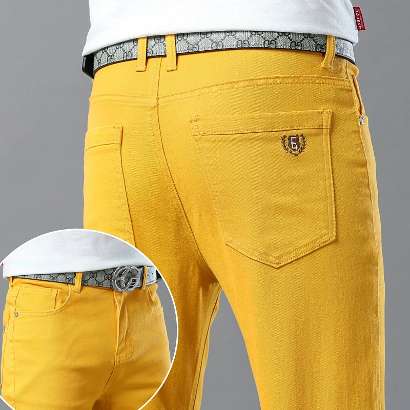 Fashion Classic Jeans Men Solid Color Casual Streetwear Hip-hop Trousers Stretch Slim-fit Embroidered Denim Pants