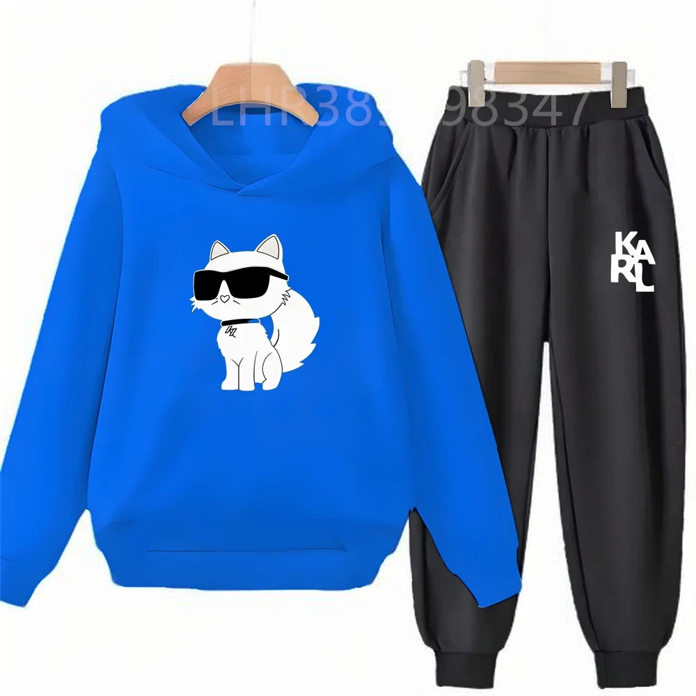 White Cat Black Cat Children's Hoodies Top+Bottom Suit Girls Pink Boy Black Age 3-12 Coat Casual Toddler Long Sleeves Clothing