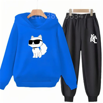 White Cat Black Cat Children's Hoodies Top+Bottom Suit Girls Pink Boy Black Age 3-12 Coat Casual Toddler Long Sleeves Clothing