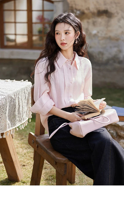 Solid Loose Fit Shirt for Women Spring 2025 Dropped Shoulder Long Sleeved  Top Casual Turn-down Collar Shirts MXE13C0405