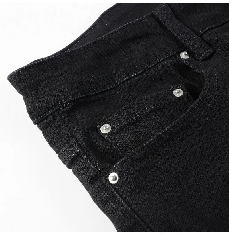 Men Cracked Silver Leather Patch Biker Jeans Streetwear Skinny Tapered Stretch Denim Pants Holes Ripped Patchwork Black Trousers