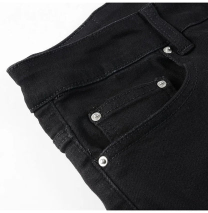 Men Cracked Silver Leather Patch Biker Jeans Streetwear Skinny Tapered Stretch Denim Pants Holes Ripped Patchwork Black Trousers