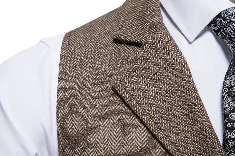 Tailored Collar Vest for Men Single Breasted Herringbone Tweed Suit Vest Mens Formal Striped Waistcoat Punk Groomsmen Wedding