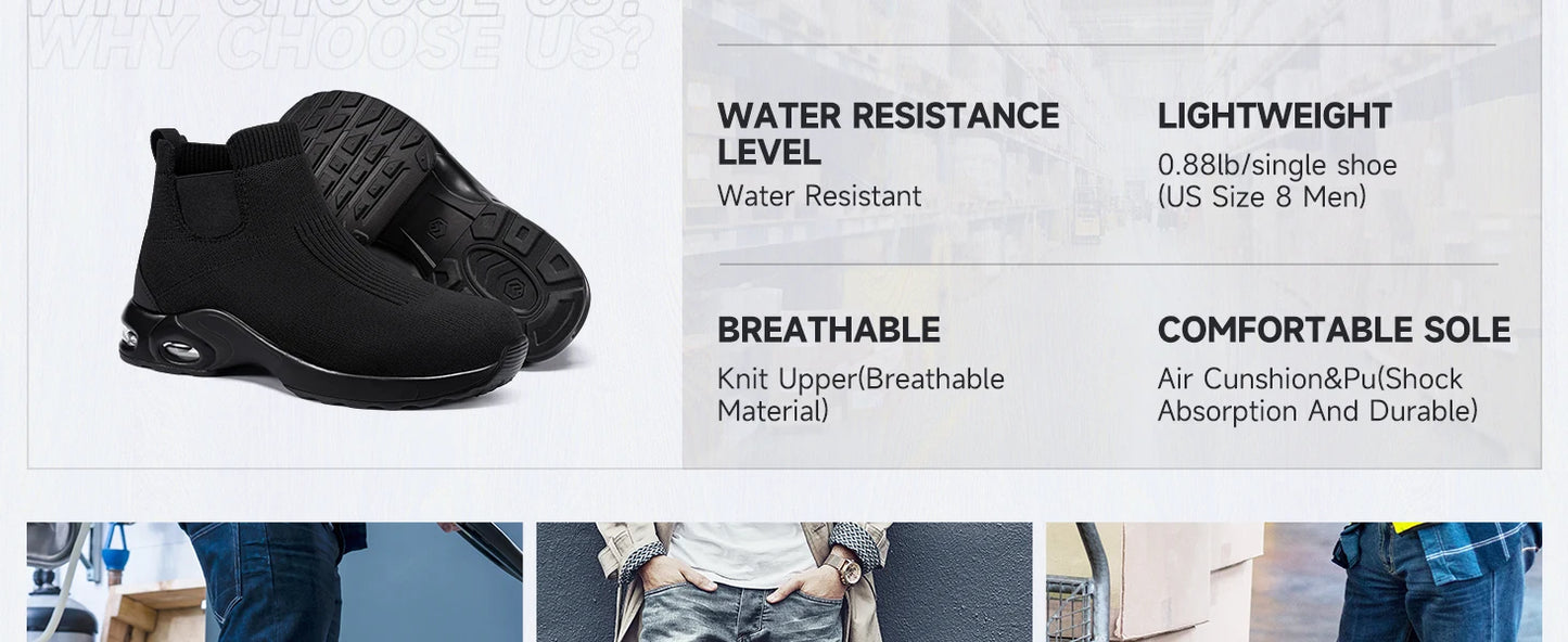 Steel Toe Shoes for Men Women Water Resistant Work Boots Non Slip Safety Sneakers Slip On Industrial Air Cushion Chelse