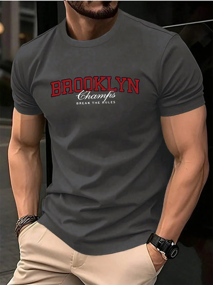 Men's Summer 100% Cotton Fashionable Casual Loose Brooklyn Pattern Printed Sports Round Neck Short Sleeve T-shirt Top