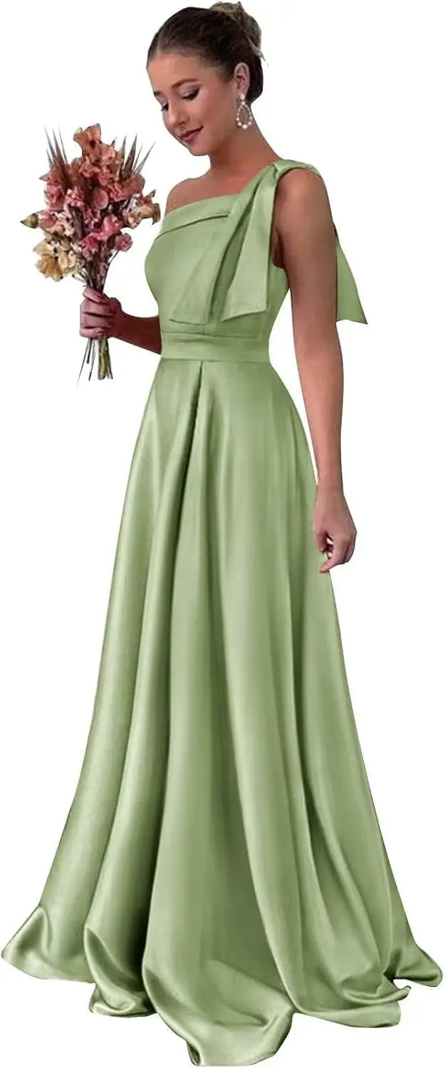One Shoulder Large Bow Bridesmaid Dress with Pleated Satin and Pockets Simple ,Stylish Ball Dressadies' Guest One Shoulder Dress