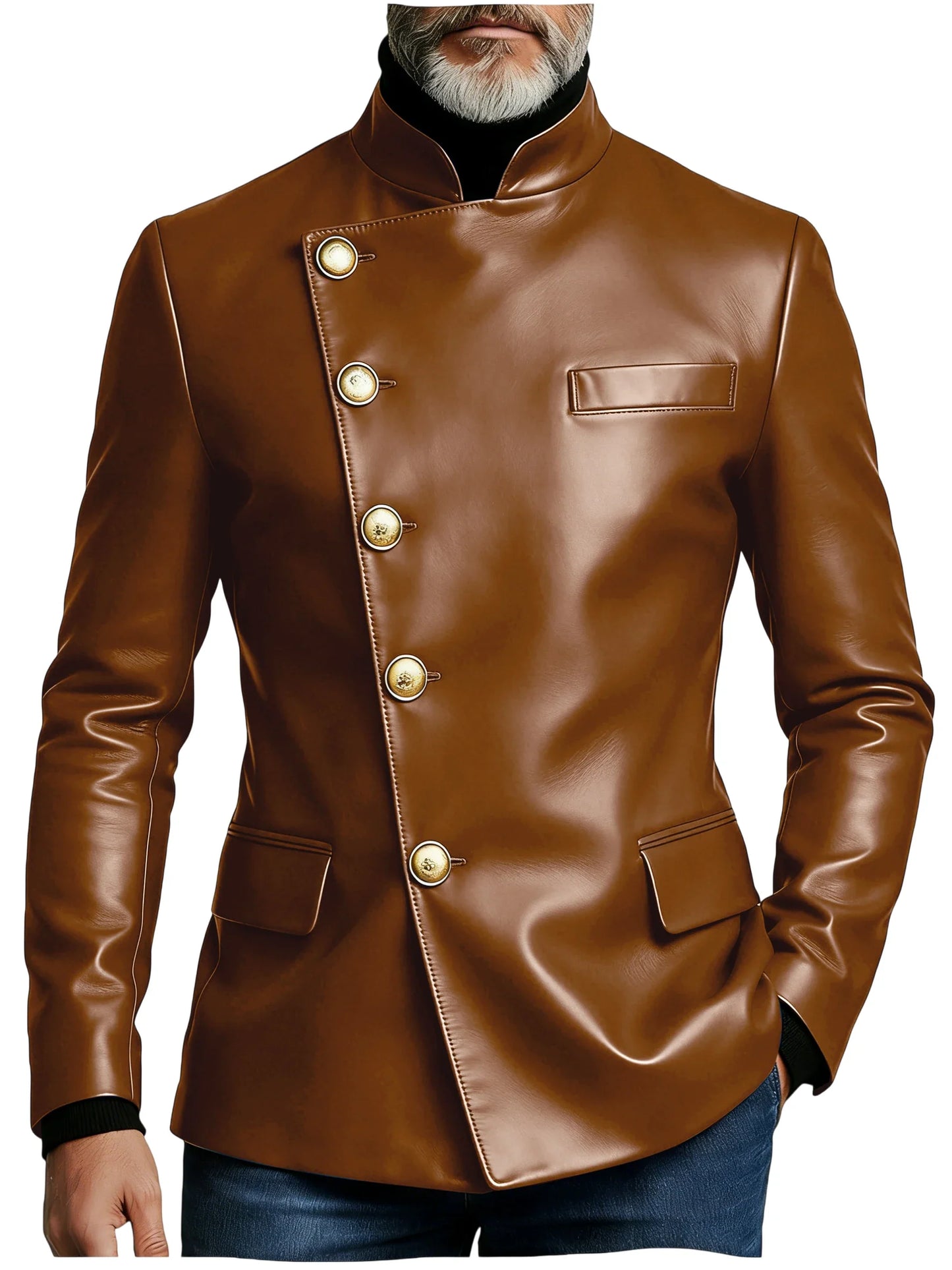 Vintage Men's PU Leather Blazer Slim Fit Double Breasted Stand Collar Jacket Gold Button Business Casual Wedding Prom Suit Coat