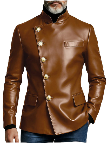Vintage Men's PU Leather Blazer Slim Fit Double Breasted Stand Collar Jacket Gold Button Business Casual Wedding Prom Suit Coat