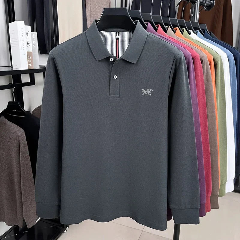 100% pure cotton high-end luxury brand men's long sleeved polo shirt autumn fashion original embroidery design golf top T-shirt