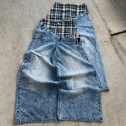Y2k Slanted Runway Baggy Jeans Retro Plaid Patchwork Men Women Wide Leg Pants American Hip Hop Streetwear Unisex Casual Jeans