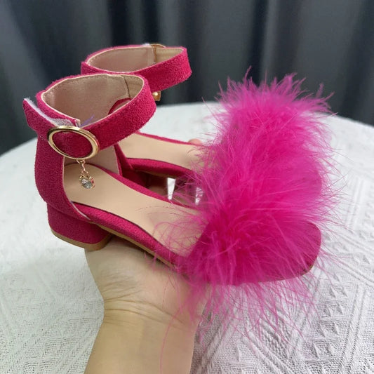 New Girls Low-heels Sandals Summer Fluffy Kids Princess Catwalk Shoes Open-toe Versatile Children Fashion Wedding Party Sandals