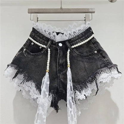 American Crochet Lace Denim Shorts With Pearl Sashes Summer Casual Fashion Women's Sweet Lace Patchwork Fringed Hot Jeans