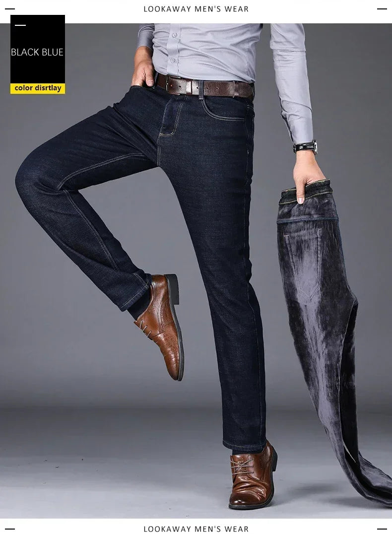 New Men's Fleece Warm Jeans Winter Thicken Plush Velvet Business Office Denim Trousers Brand Clothing Stretch Casual Male Pants