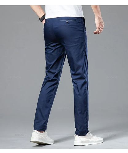 New Summer Cosy Soft Bamboo Fiber Straight Suit Pants Men Business Stretch Thin Navy Blue Casual Trousers Male Large Size 40 42
