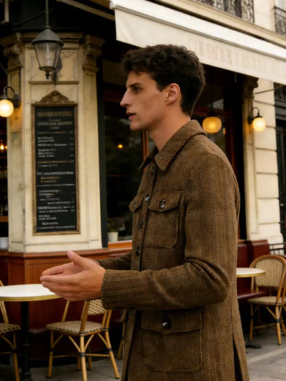 Men's Herringbone Wool Blend Blazer Jacket Notch Collar Utility Multi-Pocket Casual Overcoat For Spring Autumn