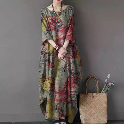 2022 New Loose Printed Cotton Linen Round Neck Long Sleeved Vintage Oversize Dress Women Boho Long Maxi Dress