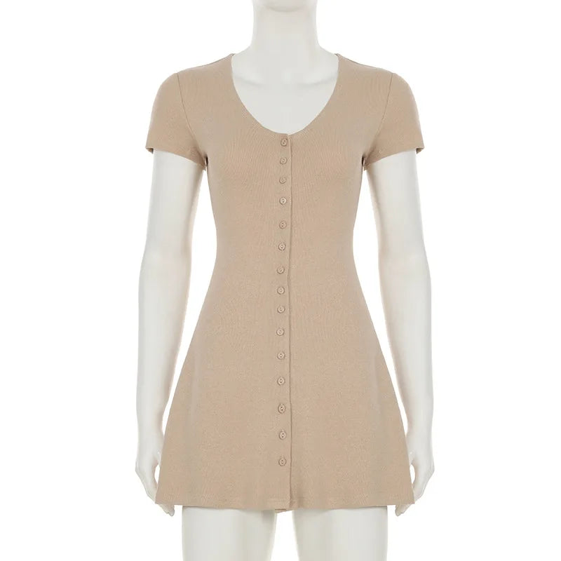 Summer Novelty Elegant Knitted Strapless Mini Dress For Women Short Sleeve V-Neck And Buttons Dresses Women's Street Clothing Ne