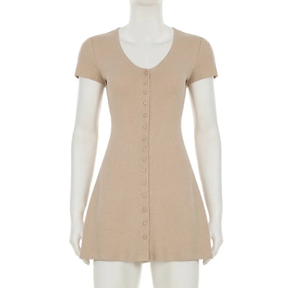 Summer Novelty Elegant Knitted Strapless Mini Dress For Women Short Sleeve V-Neck And Buttons Dresses Women's Street Clothing Ne