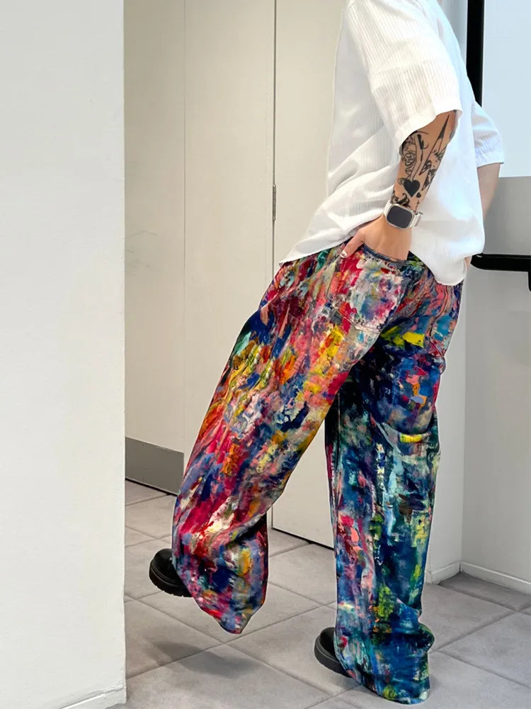 2026 Ropa Y2K Streetwear Graffiti Painting Baggy Jeans Pants For Men Designer Clothes Colorblock Kanye Wide Leg Denim Trousers