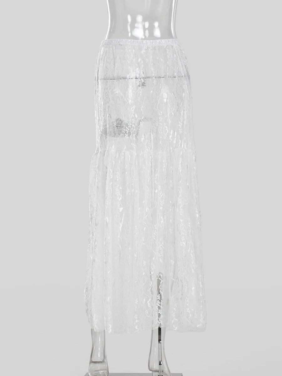 Lace Jacquard Transperant Skirt Women Summer New High Waist Sexy Casual Long Skirts 2025 Streetwear Fashion White Maxi Skirt