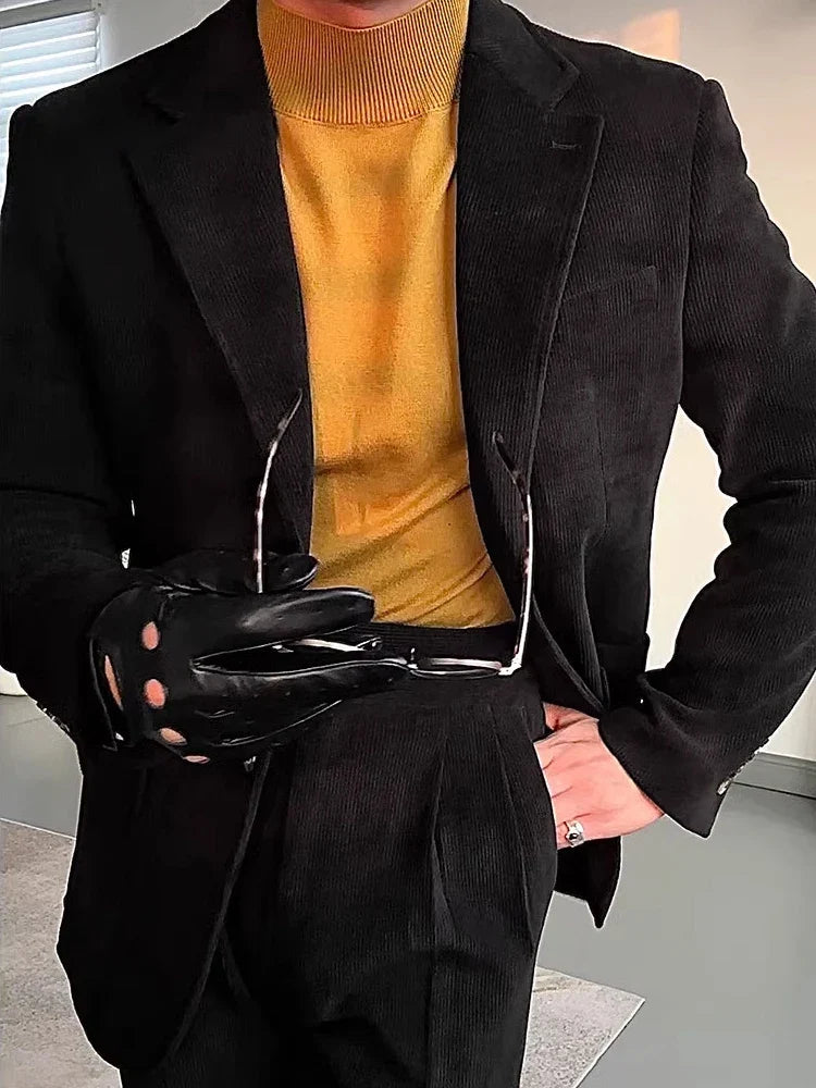 High-Quality Corduroy Men Suits 1 Pieces Classic Casual Single Breasted Groom Tuxedos Tailor Made Jackets Male Blazers Costume