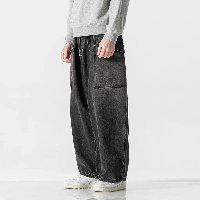 2023 Men Straight Denim Pants Men Blue Jeans Loose Trousers Male Causal Oversize Wide Leg Pants Elastic Waist Black Jeans