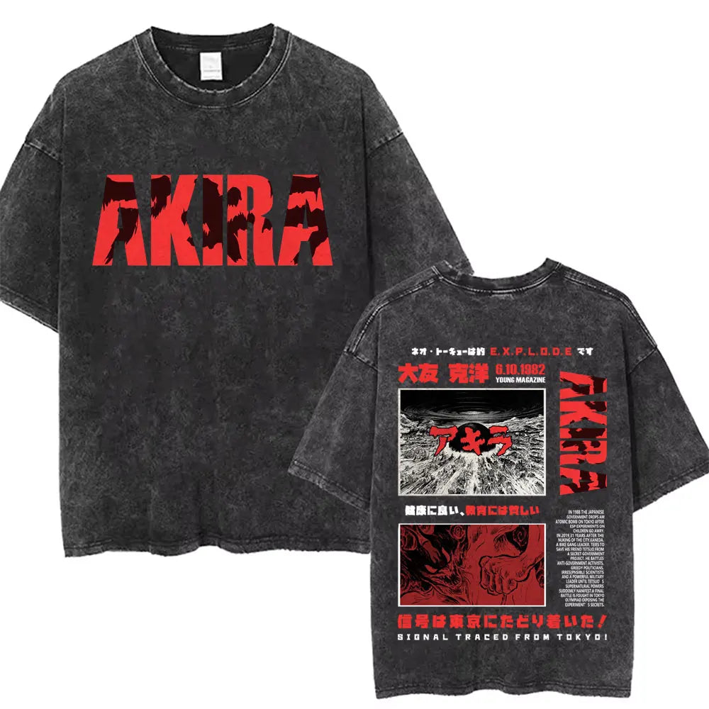 Washed Vintage Anime Akira T Shirts Japanese Science Fiction Cartoon Movie Shotaro Kaneda T-shirt Men's Manga Oversized T-shirts