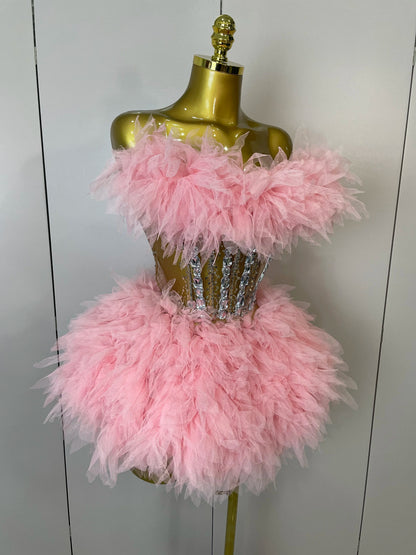 2025Women Sexy Backless Strap Mesh Fluffy Skirt 2 Pieces Diamond Sequins Stage Performance Costume Birthday Party Shooting Dress