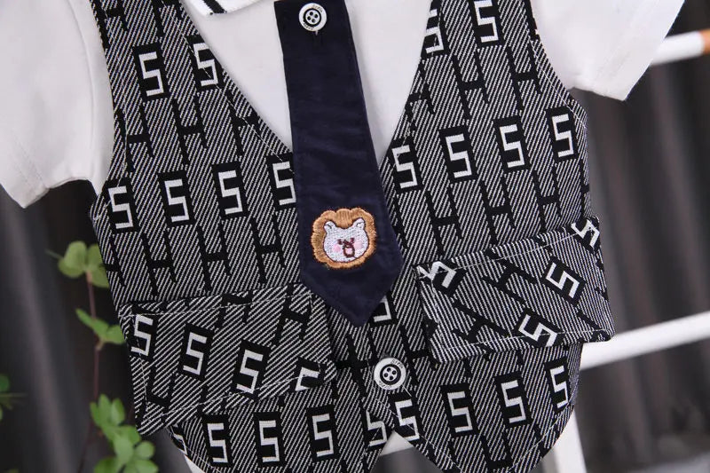 Children Boys Cotton Clothes Outfits Gentleman Tie Patchwork Vest T-Shirt 2pcs/Set Toddler Kids Clothing Sets Suit 0-5 Years