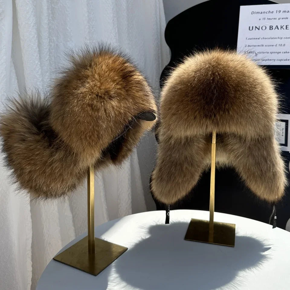 100% genuine fox fur ear-protecting hat Men real raccoon fur bomber hat Women winter warm fur real sheep leather snow hat