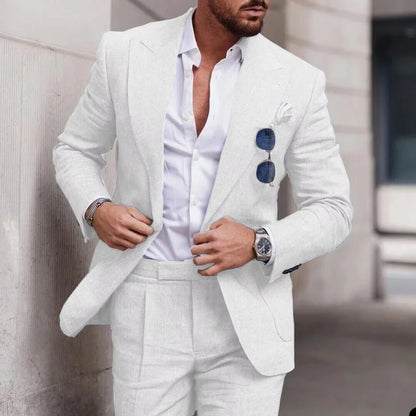 Men's 2 Piece Linen Suit Slim Fit Notch Lapel Casual Blazer Jacket & Trousers Business Wedding Party Formal Dress Set for Men