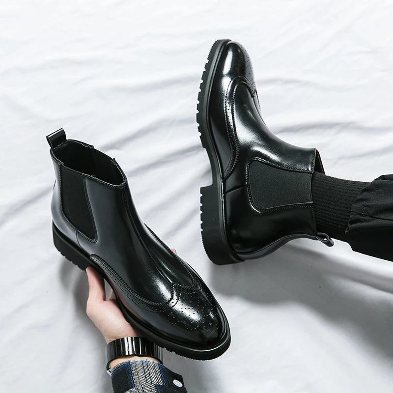 Luxury Men Brogue Boots Men's Ankle Boots High Quality Mens Chelsea Boots Slip on Oxford Formal Business Shoes Plus Size 38-46