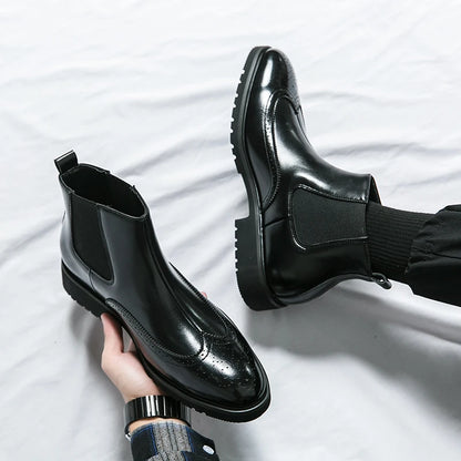 Luxury Men Brogue Boots Men's Ankle Boots High Quality Mens Chelsea Boots Slip on Oxford Formal Business Shoes Plus Size 38-46