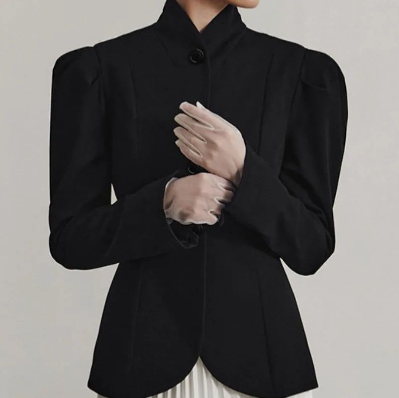 French Style Elegant Retro Stand Collar Black Suit Autumn Winter New Temperament Commute Puff Sleeve Slim Female Coat Tops Trend
