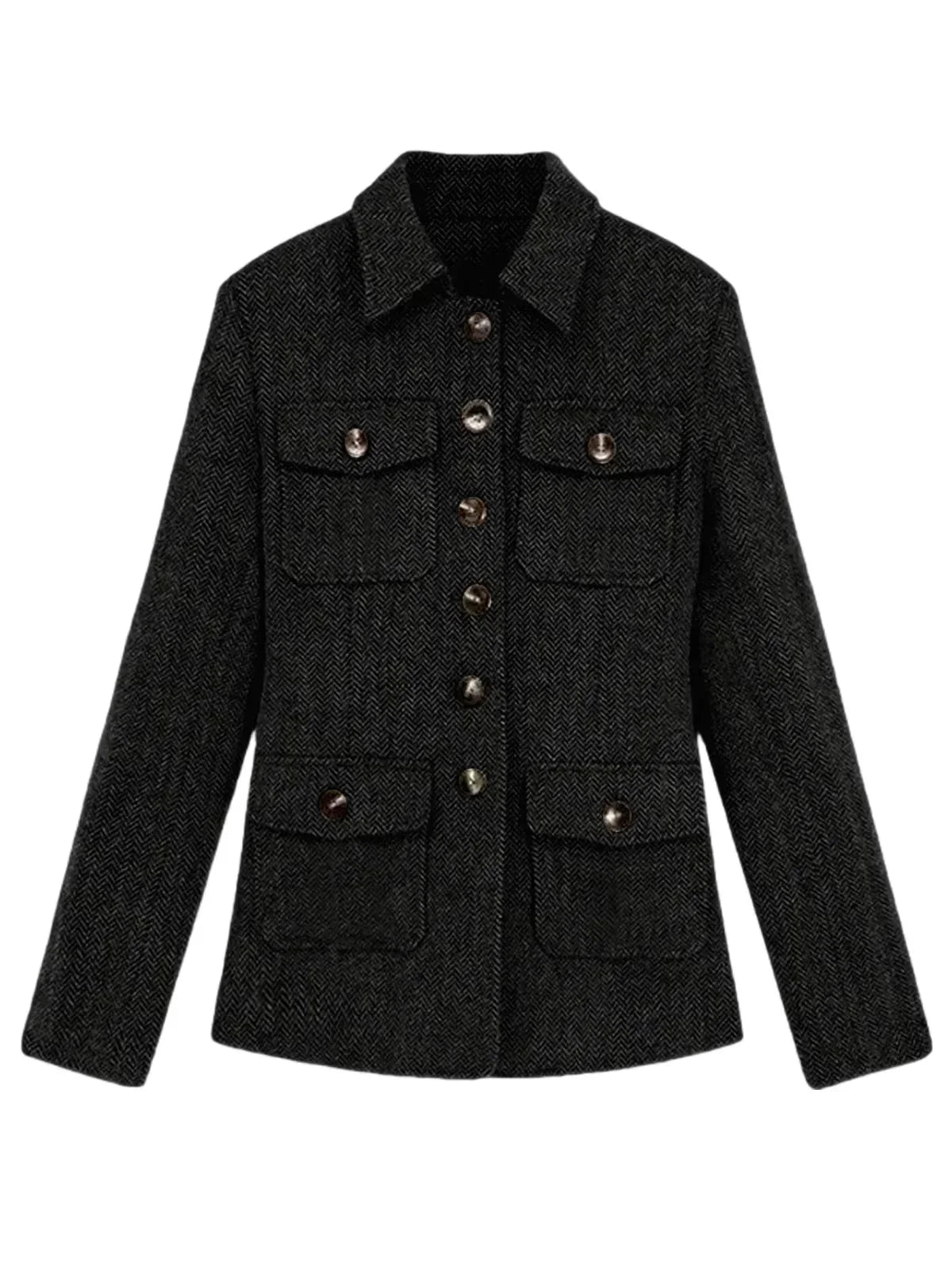 Men's Herringbone Wool Blend Blazer Jacket Notch Collar Utility Multi-Pocket Casual Overcoat For Spring Autumn