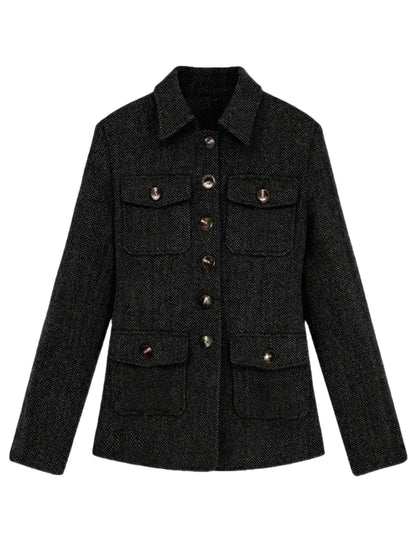 Men's Herringbone Wool Blend Blazer Jacket Notch Collar Utility Multi-Pocket Casual Overcoat For Spring Autumn