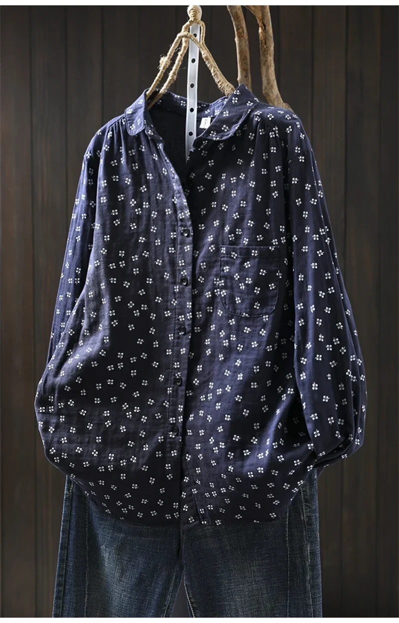 Sweet Snow Dots Print Shirt, Double Layers, Cotton Yarn, Peter Pan Collar, Long Sleeve, Casual Blouse Shirt