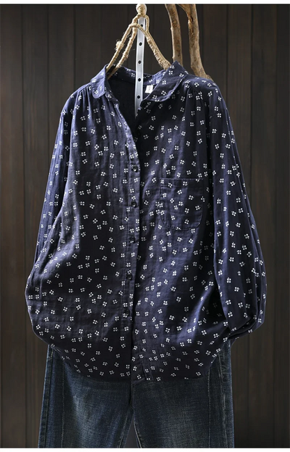 Sweet Snow Dots Print Shirt, Double Layers, Cotton Yarn, Peter Pan Collar, Long Sleeve, Casual Blouse Shirt
