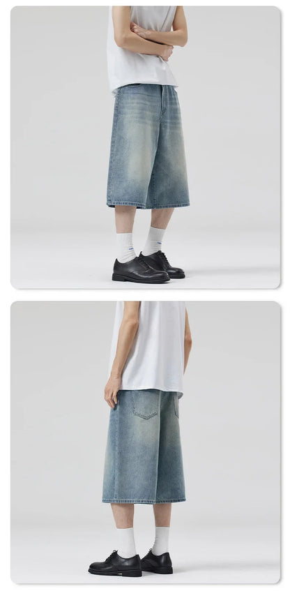 Summer New Fashion Denim Shorts Loose Straight Casual Vintage American Personality Jeans Streetwear Male Short Pants