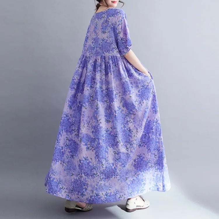 Robe Plus Size 100KG Summer Dress Women Floral Loose Vestidos Para Mujer Casual Maxi Print Cotton Linen Oversized BOHO