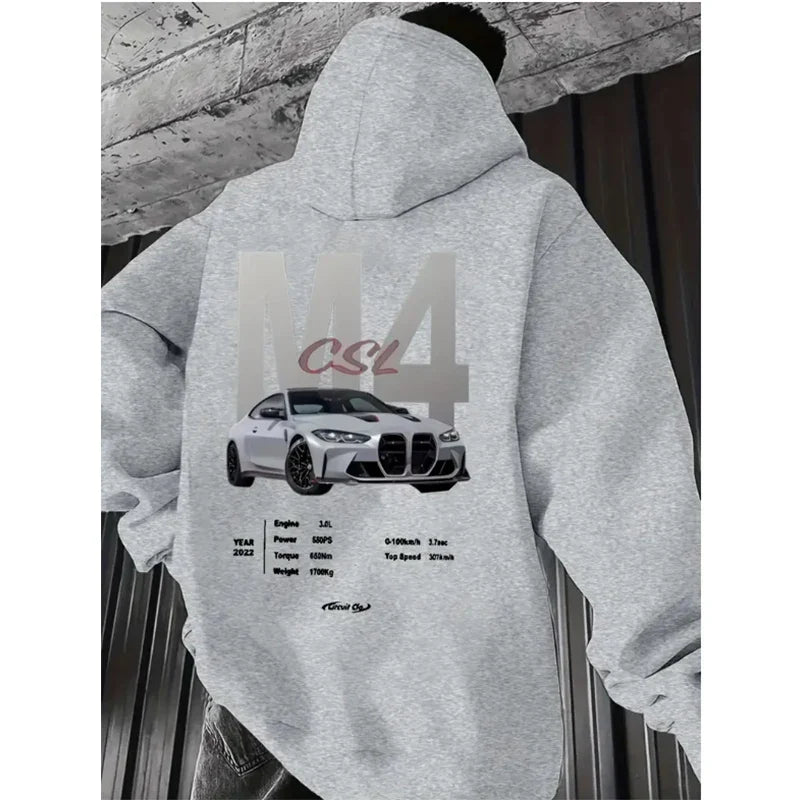 Popular digital pattern men's hooded sweatshirt with car-themed design, American-style casual sports long-sleeved shirt