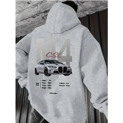 Popular digital pattern men's hooded sweatshirt with car-themed design, American-style casual sports long-sleeved shirt